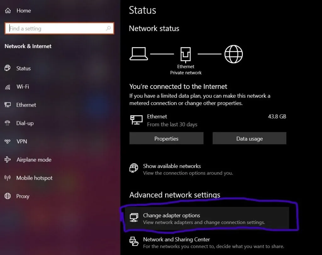 change adapter option in network settings