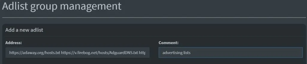 Screenshot showing the pasted adlists and comment