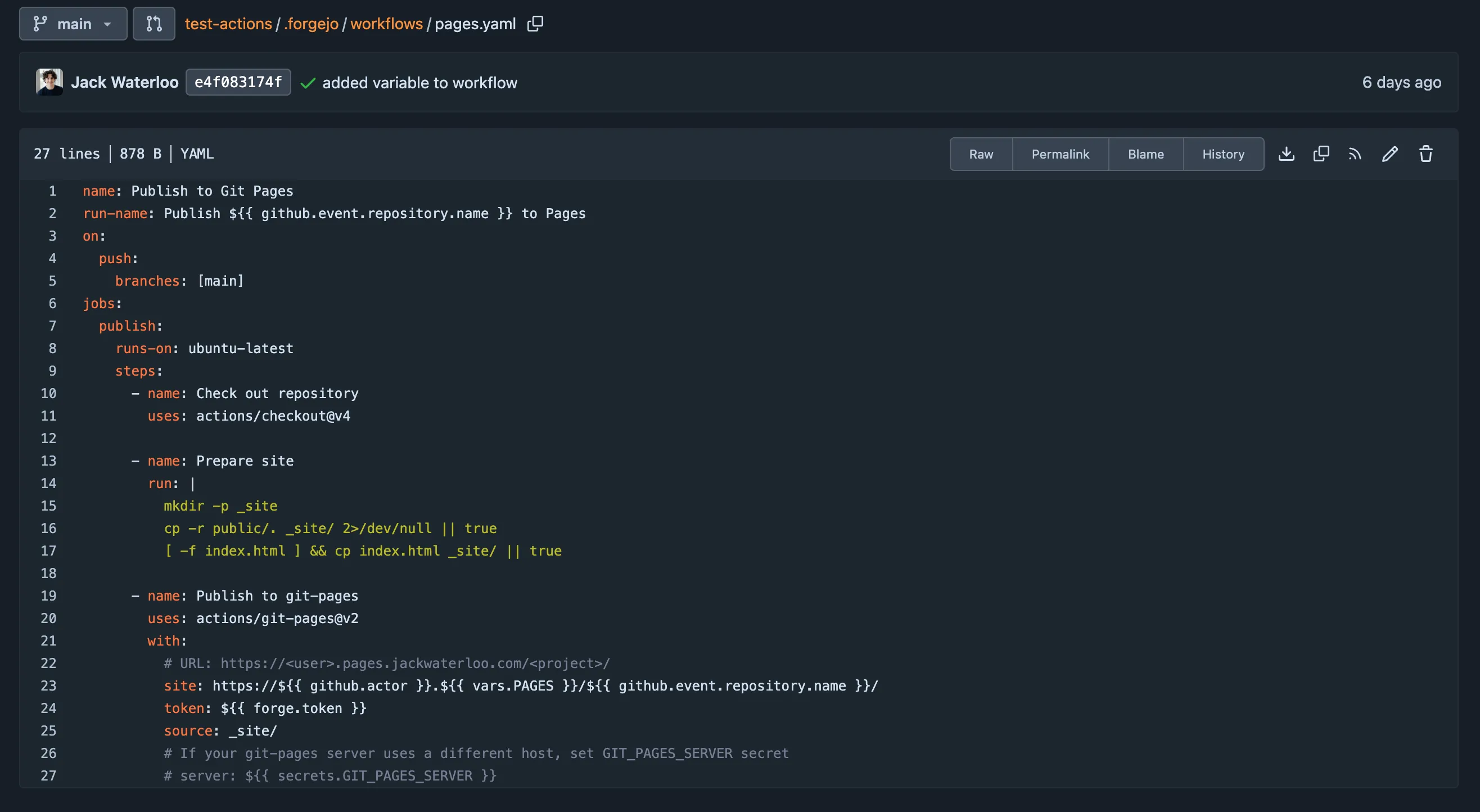git-pages workflow in a yaml file