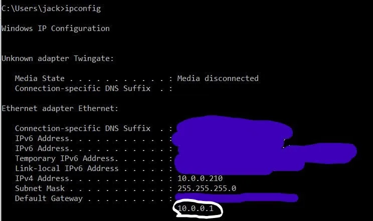ipconfig command in terminal with out