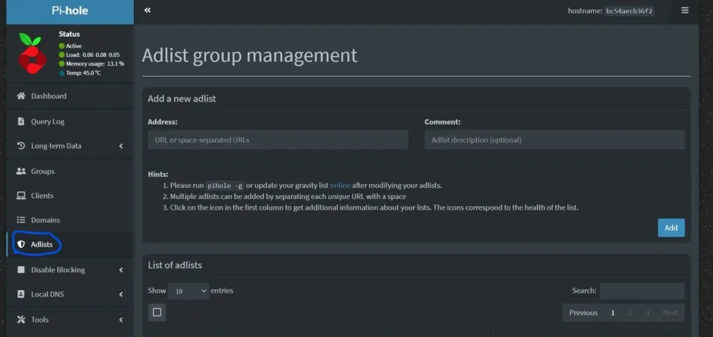 pihole web gui with adlists circled