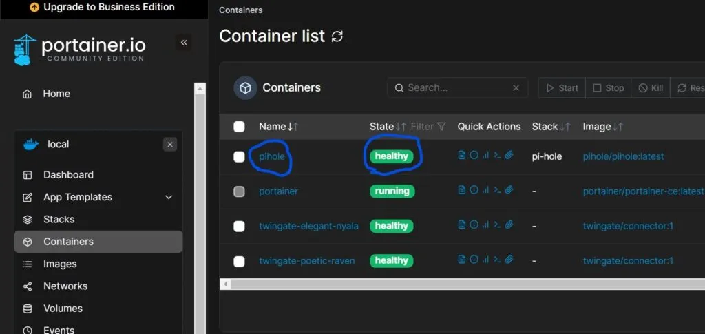 Status page of containers on portainer web gui
