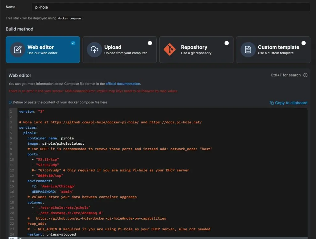 web gui showing deployment of stack in portainer