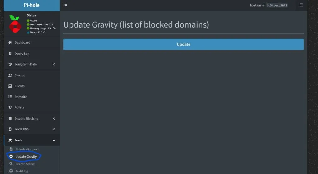 Screenshot to show where the Update Gravity tab is to update the currently used adlists