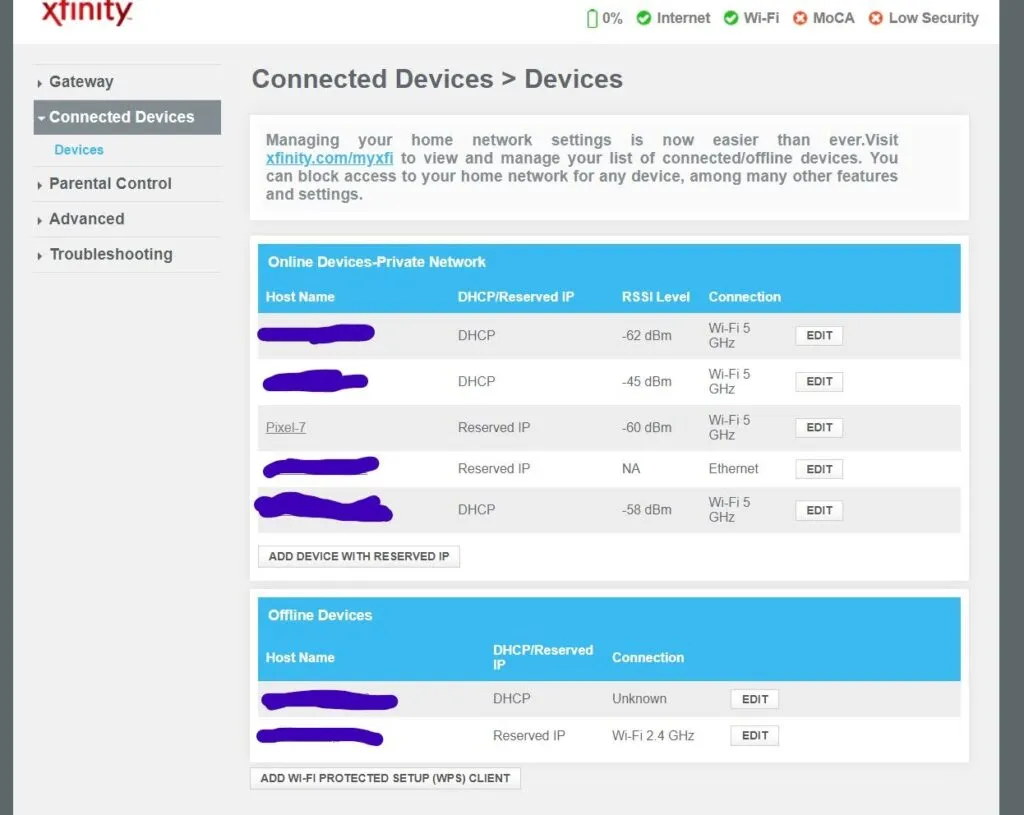 Xfinity router web interface after log in